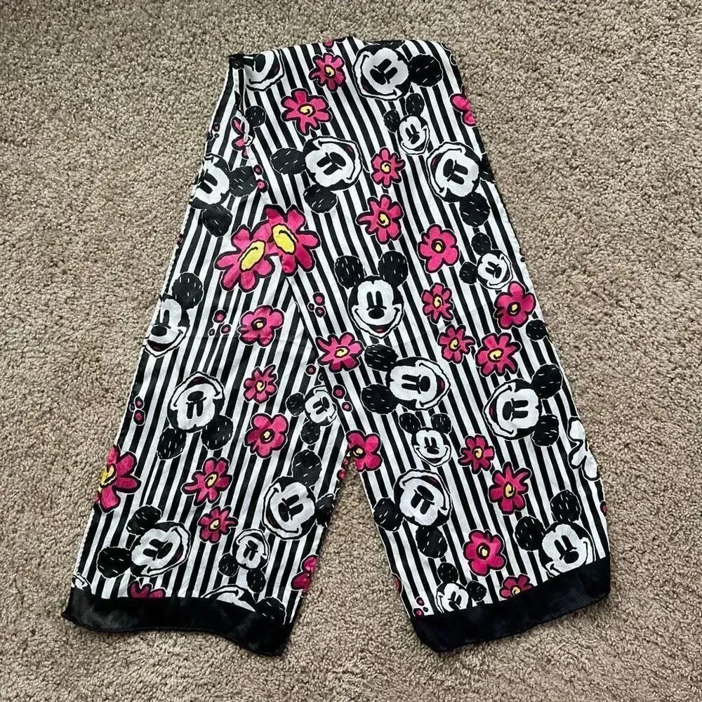 VTG Mickey Mouse Graphic Scarf Black White Pink Stripes 10x52 Disney Style